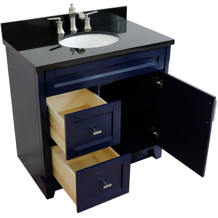 Bellaterra Terni 37" Single Vanity, Blue, Black Galaxy Granite Top/Center Oval Sink, Right Drawers