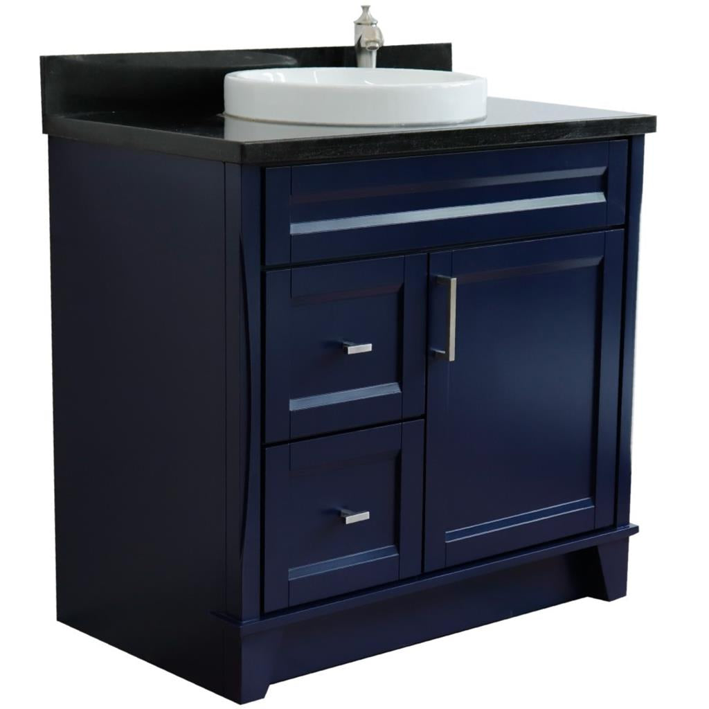 Bellaterra Terni 37" Single Vanity, Blue, Black Galaxy Granite Top/Center Round Sink, Right Drawers