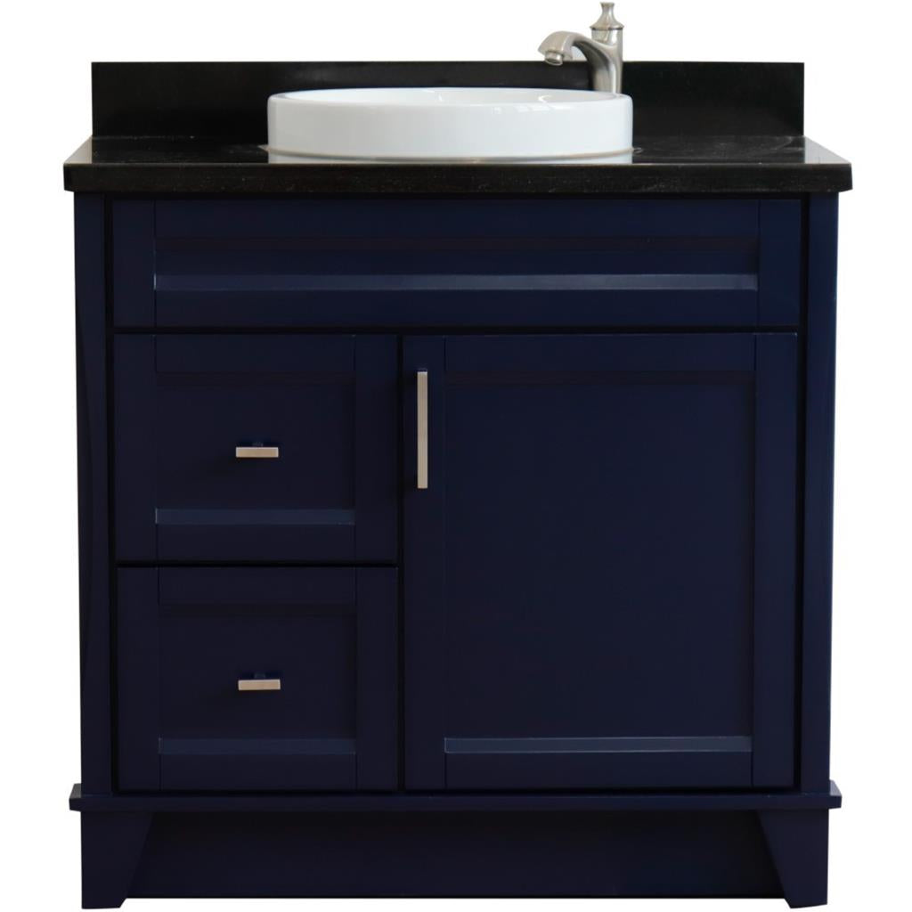 Bellaterra Terni 37" Single Vanity, Blue, Black Galaxy Granite Top/Center Round Sink, Right Drawers