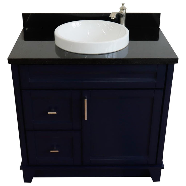 Bellaterra Terni 37" Single Vanity, Blue, Black Galaxy Granite Top/Center Round Sink, Right Drawers