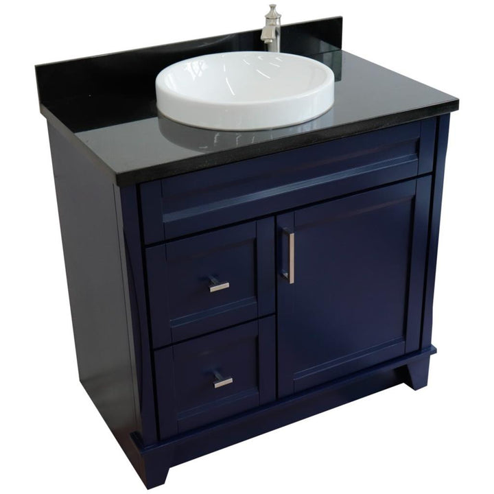 Bellaterra Terni 37" Single Vanity, Blue, Black Galaxy Granite Top/Center Round Sink, Right Drawers