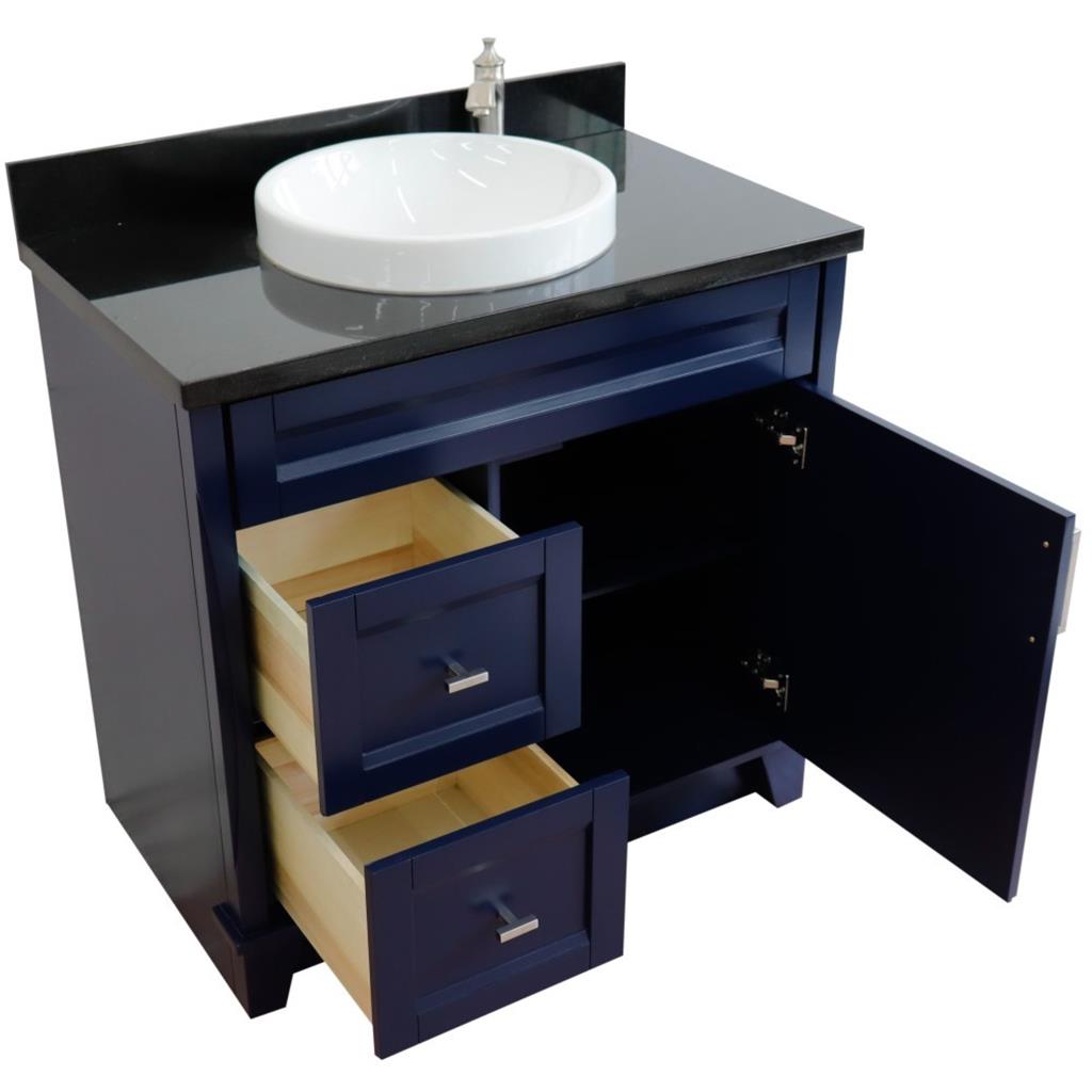 Bellaterra Terni 37" Single Vanity, Blue, Black Galaxy Granite Top/Center Round Sink, Right Drawers