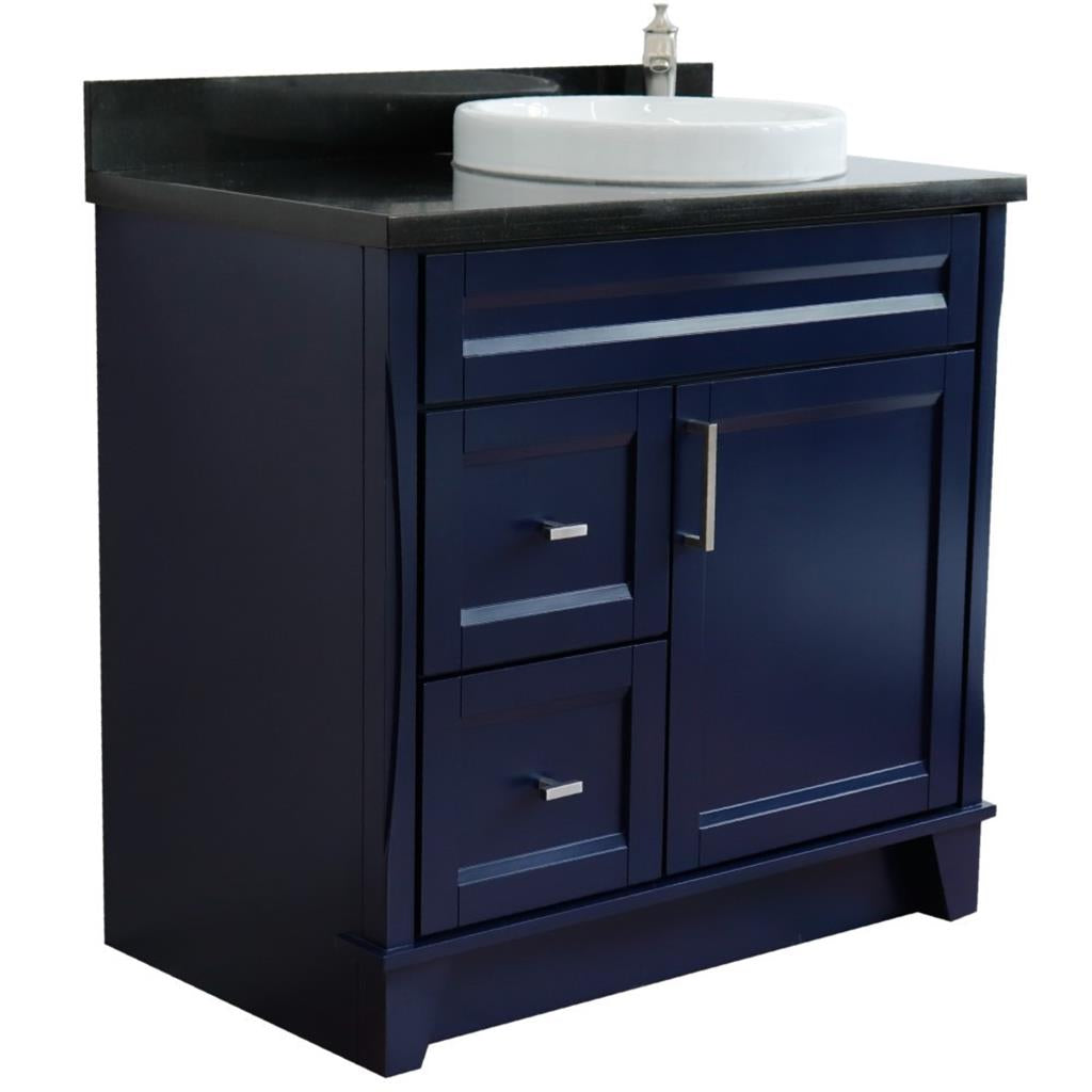 Bellaterra Terni 37" Single Vanity, Blue, Black Galaxy Granite Top/Left Round Sink, Right Drawers