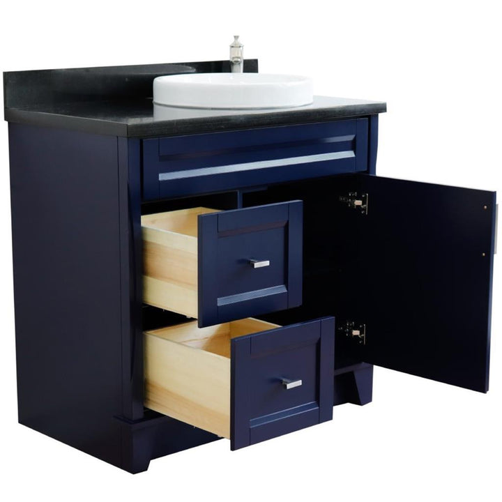 Bellaterra Terni 37" Single Vanity, Blue, Black Galaxy Granite Top/Left Round Sink, Right Drawers