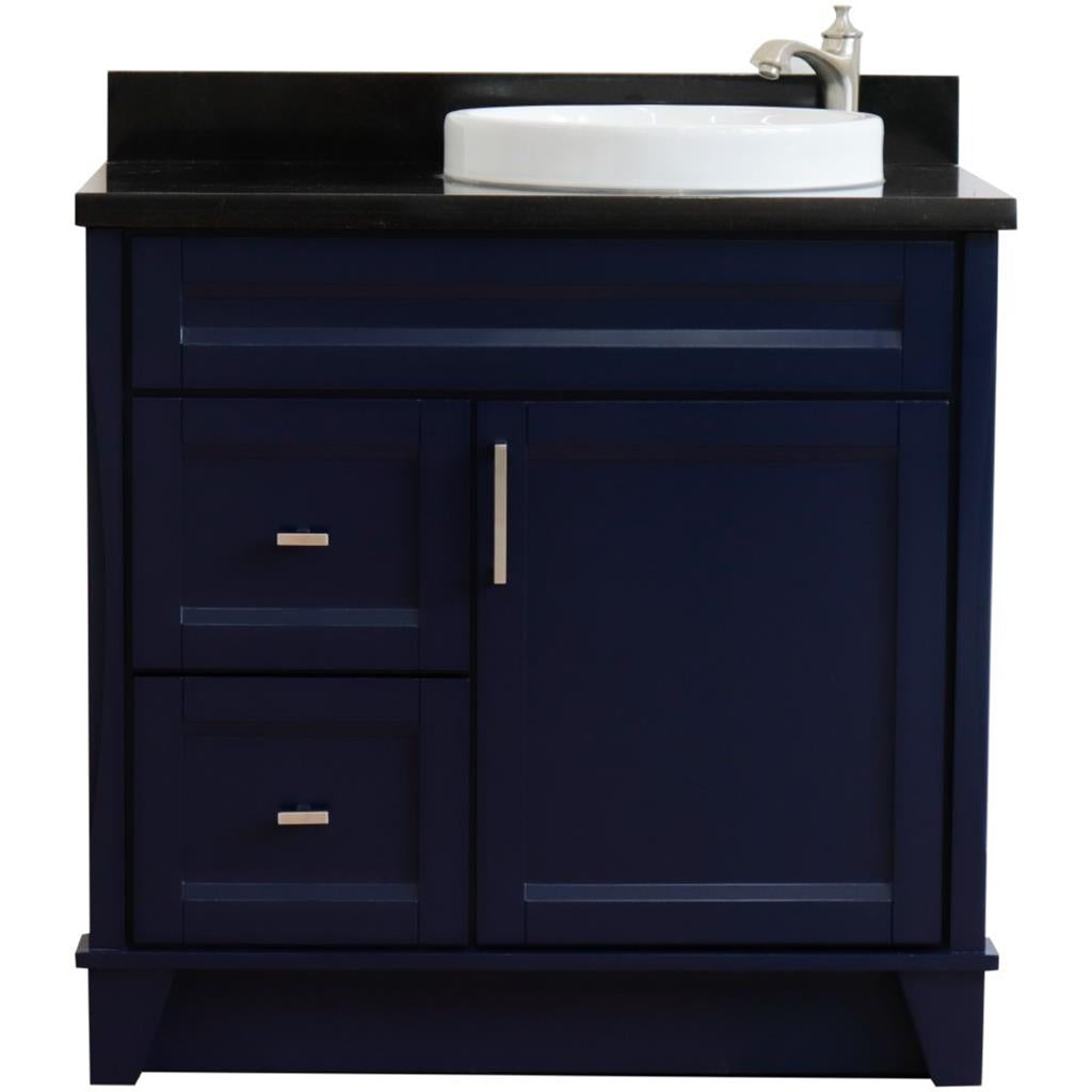 Bellaterra Terni 37" Single Vanity, Blue, Black Galaxy Granite Top/Left Round Sink, Right Drawers