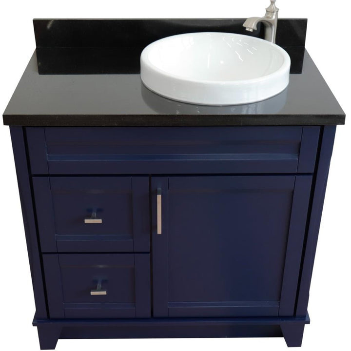 Bellaterra Terni 37" Single Vanity, Blue, Black Galaxy Granite Top/Left Round Sink, Right Drawers