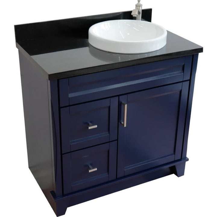 Bellaterra Terni 37" Single Vanity, Blue, Black Galaxy Granite Top/Left Round Sink, Right Drawers