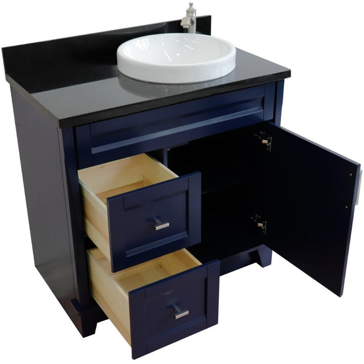 Bellaterra Terni 37" Single Vanity, Blue, Black Galaxy Granite Top/Left Round Sink, Right Drawers