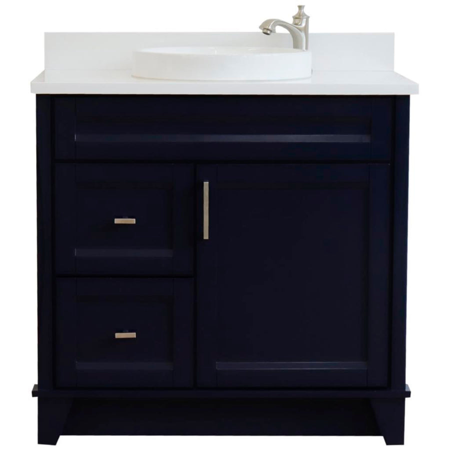 Bellaterra Terni 37" Single Vanity, Blue, White Quartz Top/Center Round Sink, Right Drawers