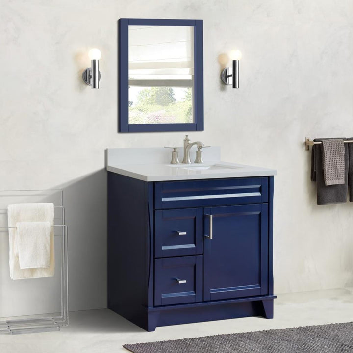 Bellaterra Terni 37" Single Vanity, Blue, White Quartz Top/Left Rectangle Sink, Right Drawers