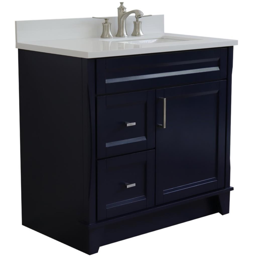 Bellaterra Terni 37" Single Vanity, Blue, White Quartz Top/Left Rectangle Sink, Right Drawers