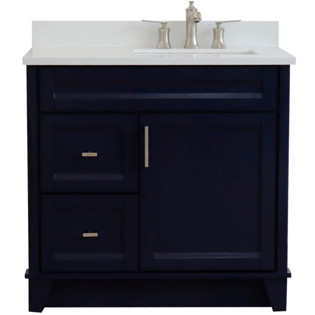 Bellaterra Terni 37" Single Vanity, Blue, White Quartz Top/Left Rectangle Sink, Right Drawers