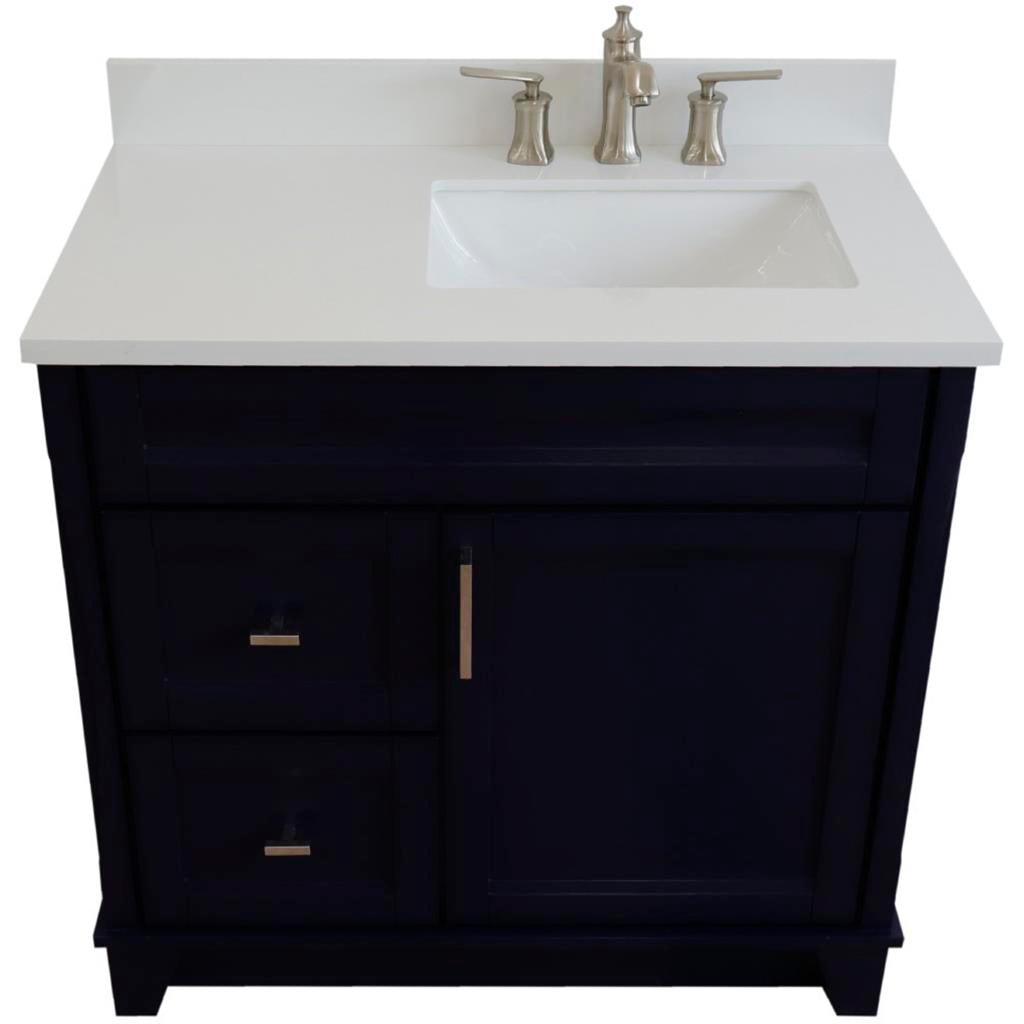 Bellaterra Terni 37" Single Vanity, Blue, White Quartz Top/Left Rectangle Sink, Right Drawers