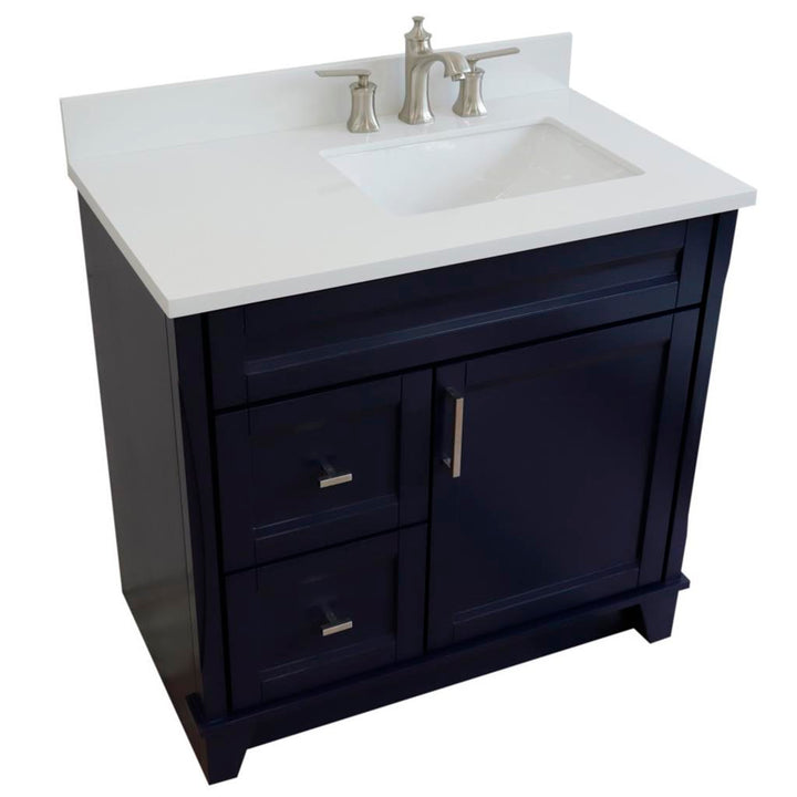 Bellaterra Terni 37" Single Vanity, Blue, White Quartz Top/Left Rectangle Sink, Right Drawers