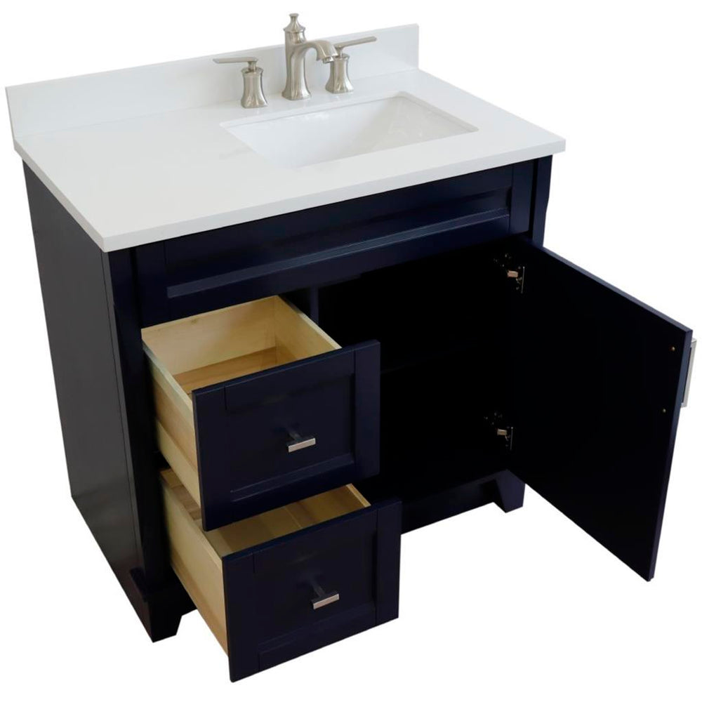 Bellaterra Terni 37" Single Vanity, Blue, White Quartz Top/Left Rectangle Sink, Right Drawers