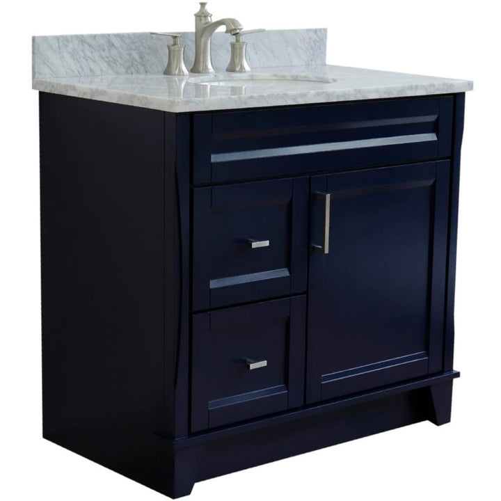 Bellaterra Terni 37" Single Vanity, Blue, White Carrara Marble Top/Center Oval Sink, Right Drawers