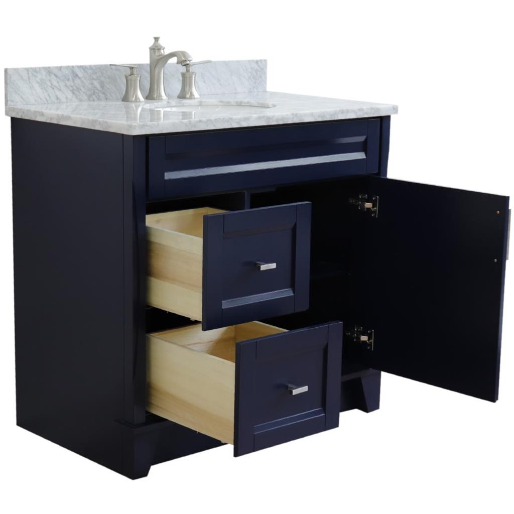 Bellaterra Terni 37" Single Vanity, Blue, White Carrara Marble Top/Center Oval Sink, Right Drawers