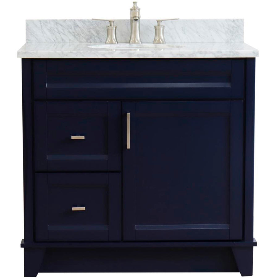 Bellaterra Terni 37" Single Vanity, Blue, White Carrara Marble Top/Center Oval Sink, Right Drawers