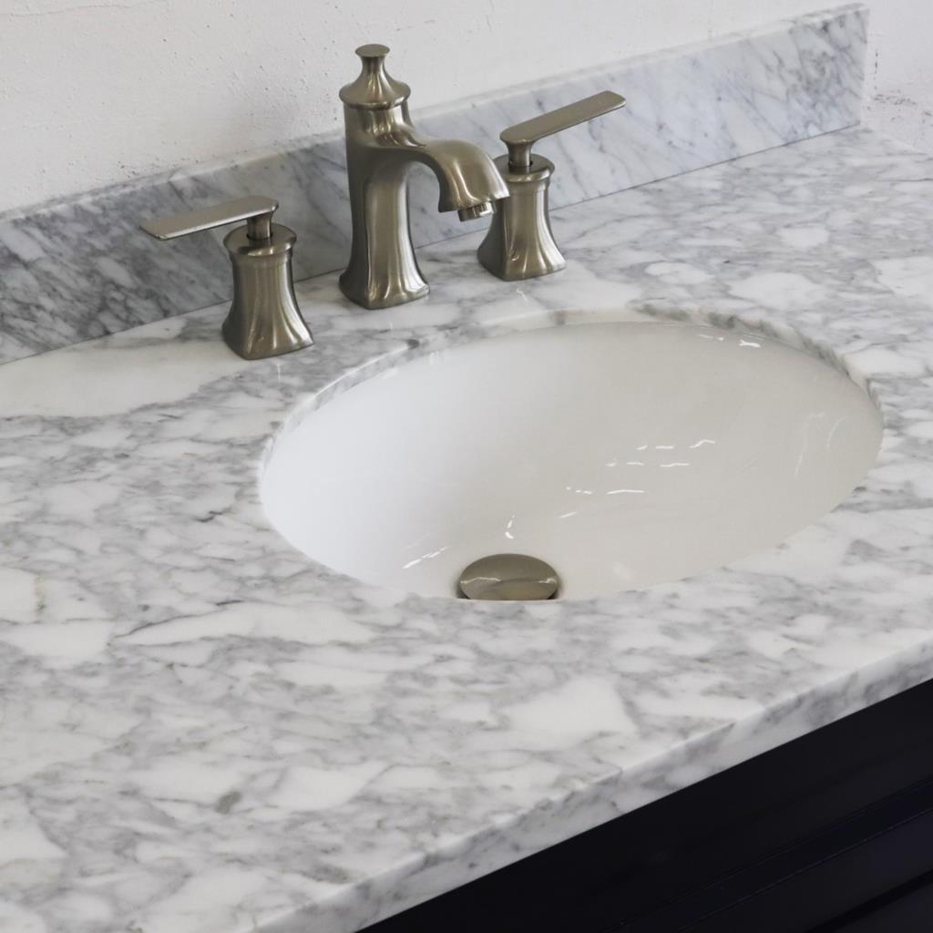 Bellaterra Terni 37" Single Vanity, Blue, White Carrara Marble Top/Center Oval Sink, Right Drawers