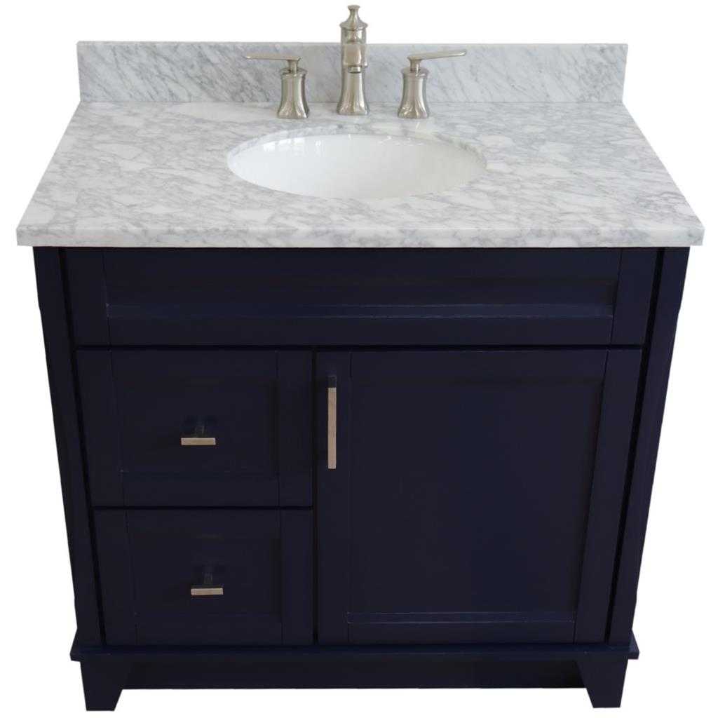 Bellaterra Terni 37" Single Vanity, Blue, White Carrara Marble Top/Center Oval Sink, Right Drawers