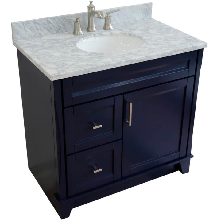 Bellaterra Terni 37" Single Vanity, Blue, White Carrara Marble Top/Center Oval Sink, Right Drawers