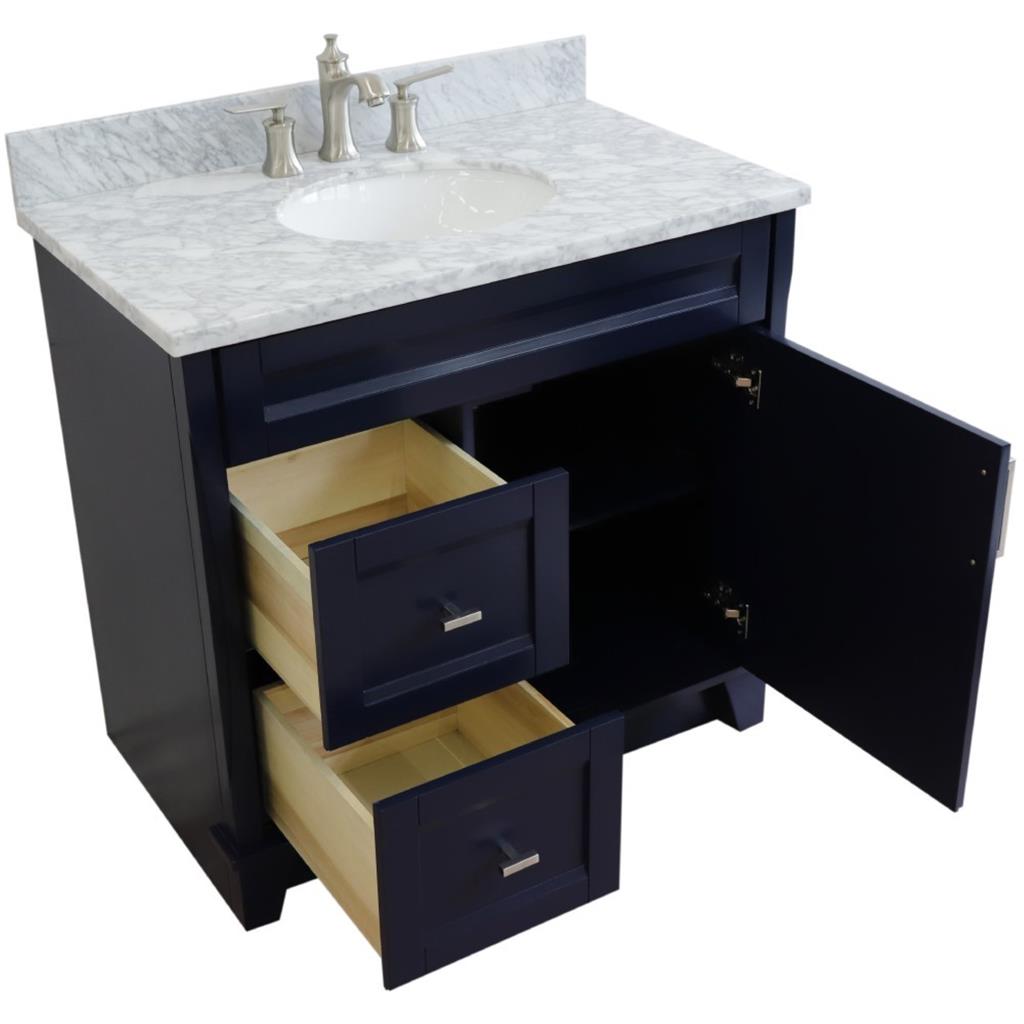 Bellaterra Terni 37" Single Vanity, Blue, White Carrara Marble Top/Center Oval Sink, Right Drawers