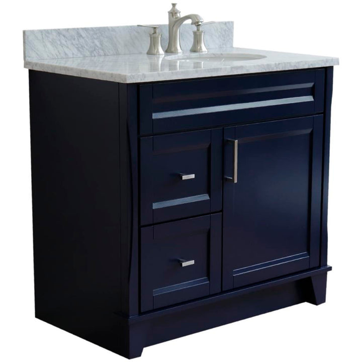 Bellaterra Terni 37" Single Vanity, Blue, White Carrara Marble Top/Left Oval Sink, Right Drawers