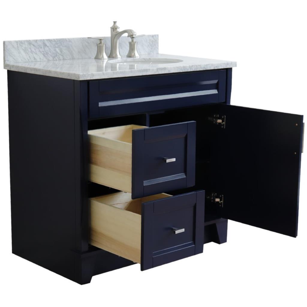 Bellaterra Terni 37" Single Vanity, Blue, White Carrara Marble Top/Left Oval Sink, Right Drawers