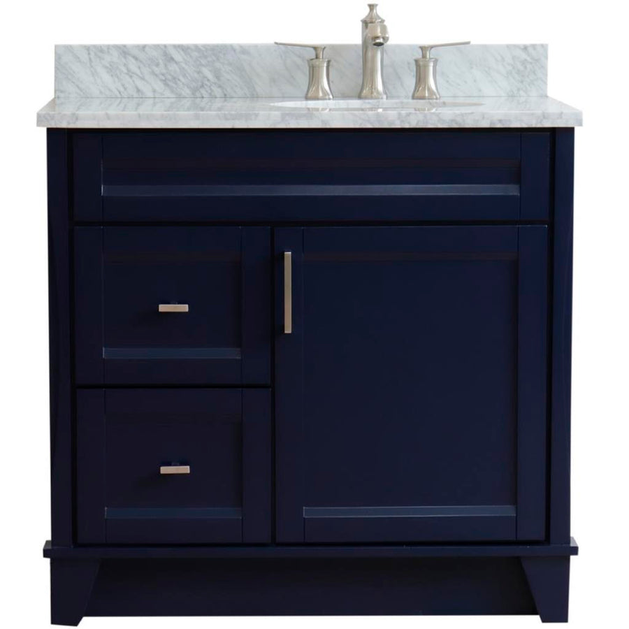 Bellaterra Terni 37" Single Vanity, Blue, White Carrara Marble Top/Left Oval Sink, Right Drawers