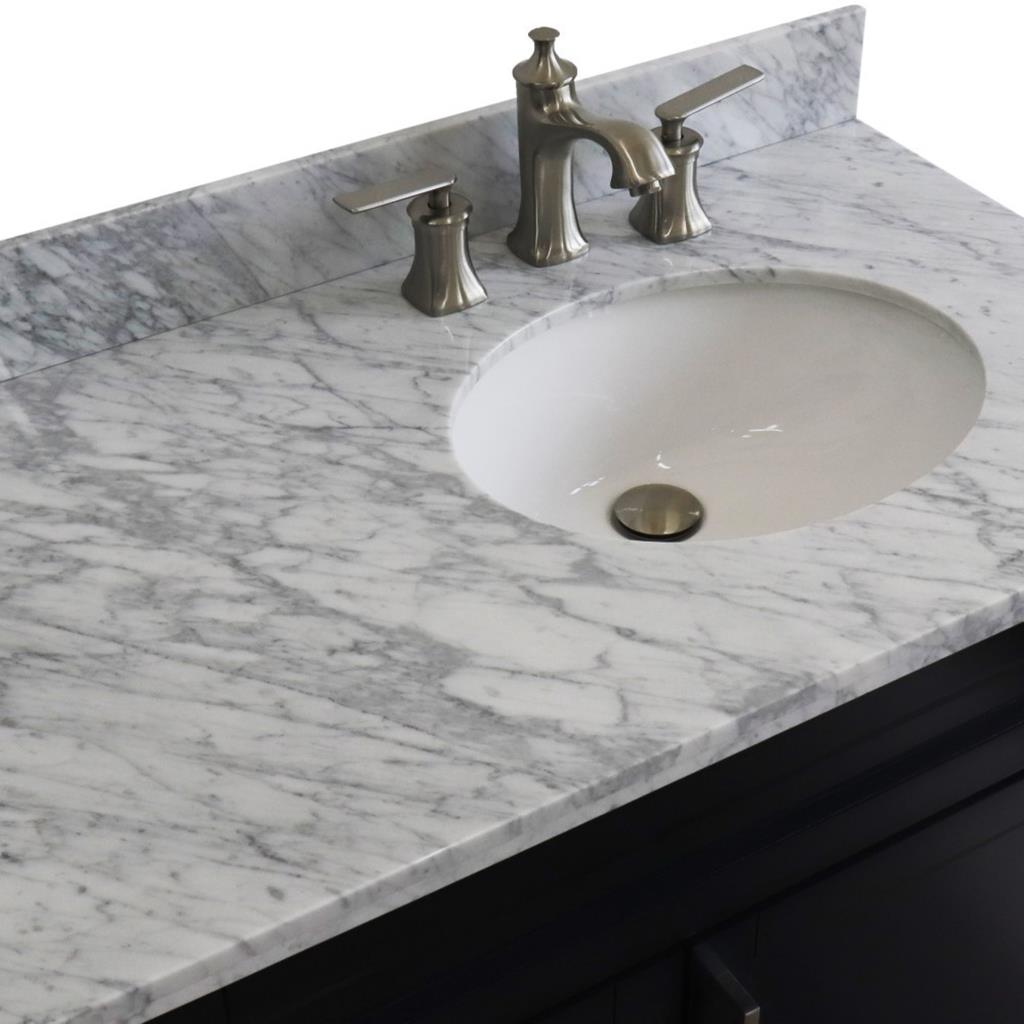 Bellaterra Terni 37" Single Vanity, Blue, White Carrara Marble Top/Left Oval Sink, Right Drawers