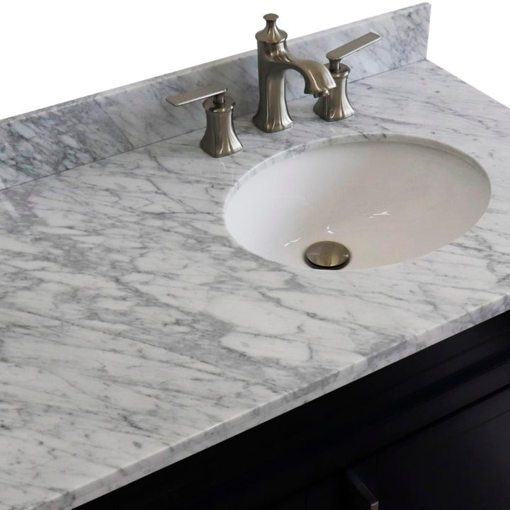 Bellaterra Terni 37" Single Vanity, Blue, White Carrara Marble Top/Left Oval Sink, Right Drawers