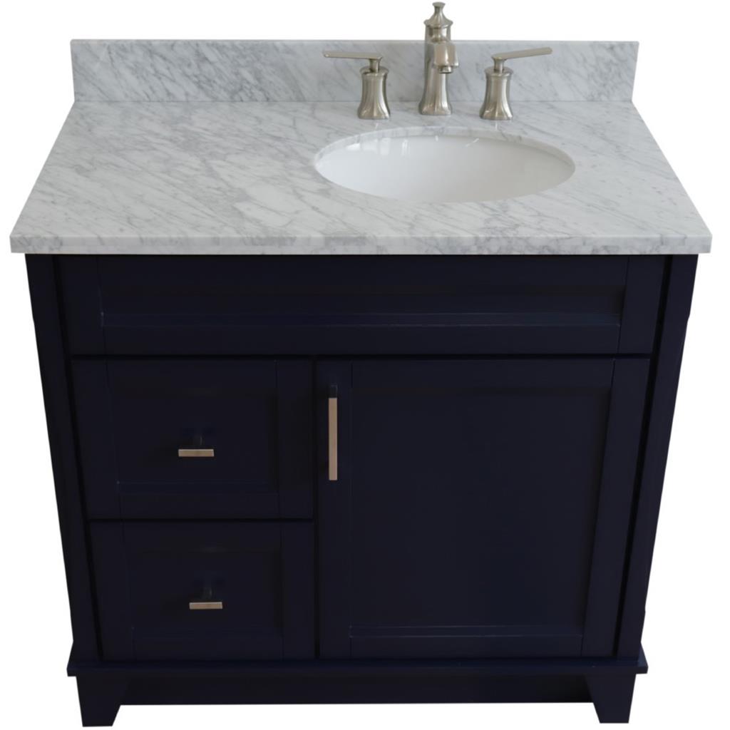 Bellaterra Terni 37" Single Vanity, Blue, White Carrara Marble Top/Left Oval Sink, Right Drawers