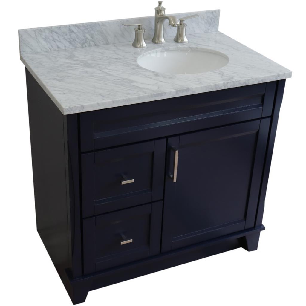 Bellaterra Terni 37" Single Vanity, Blue, White Carrara Marble Top/Left Oval Sink, Right Drawers