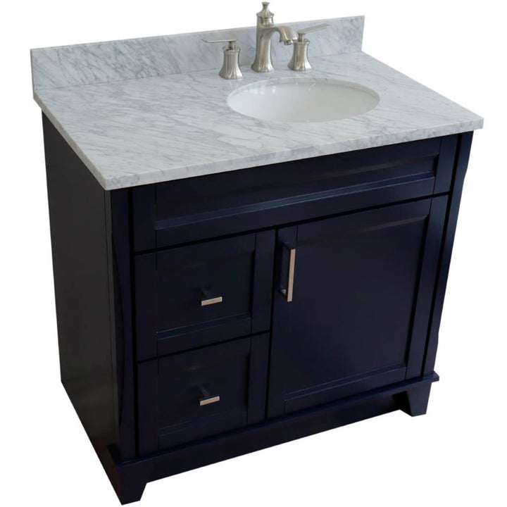 Bellaterra Terni 37" Single Vanity, Blue, White Carrara Marble Top/Left Oval Sink, Right Drawers