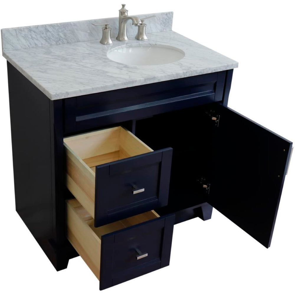 Bellaterra Terni 37" Single Vanity, Blue, White Carrara Marble Top/Left Oval Sink, Right Drawers