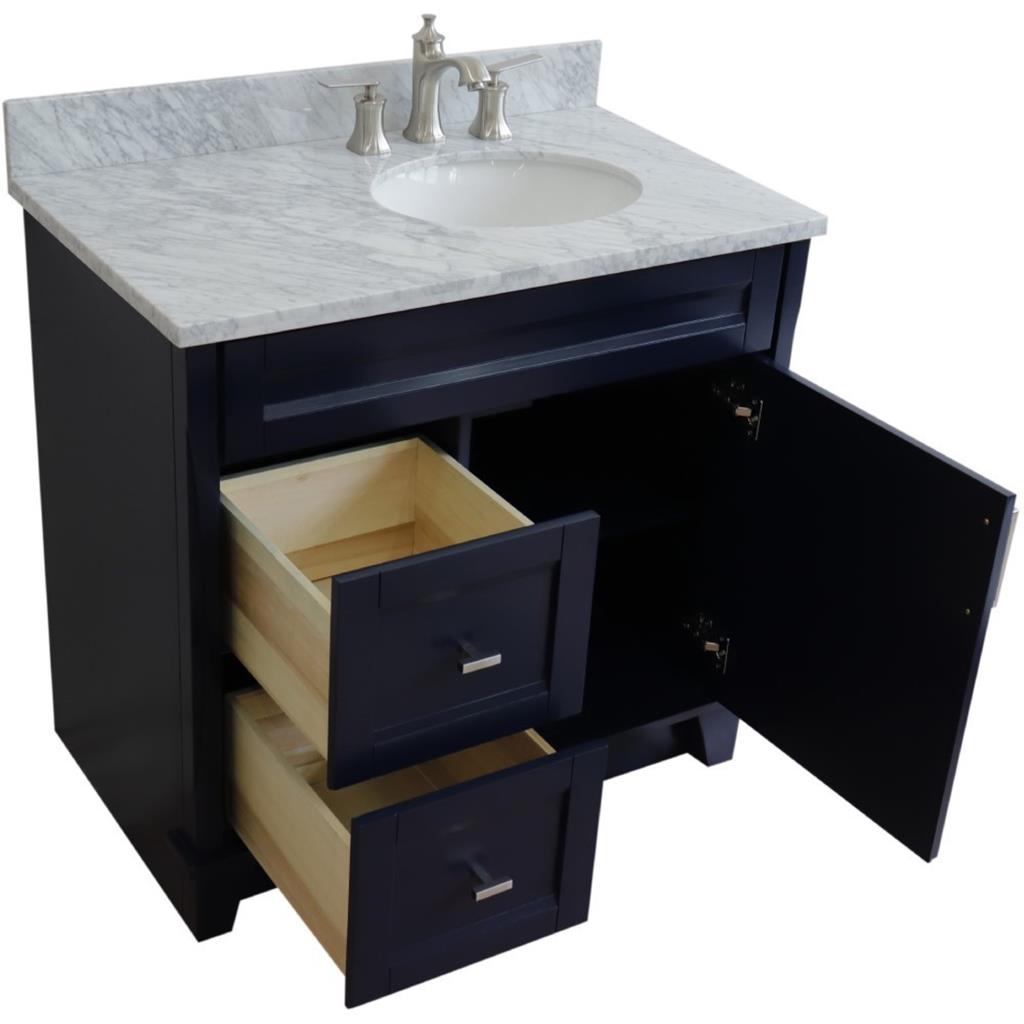 Bellaterra Terni 37" Single Vanity, Blue, White Carrara Marble Top/Left Oval Sink, Right Drawers