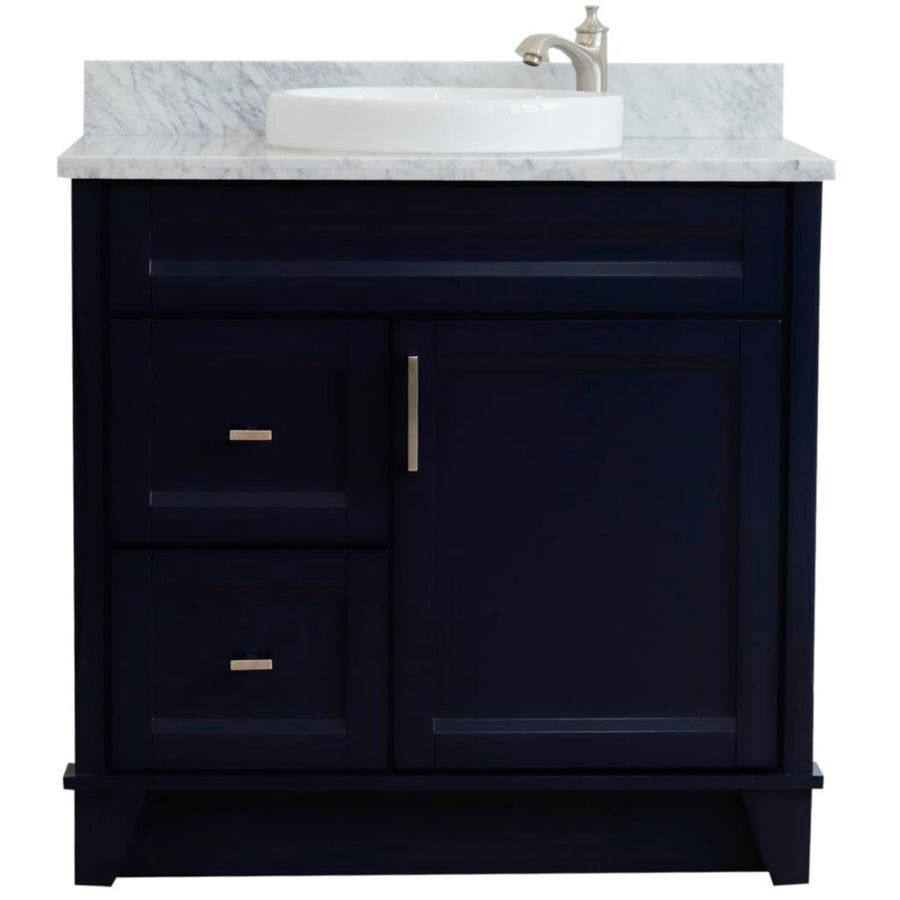 Bellaterra Terni 37" Single Vanity, Blue, White Carrara Marble Top/Center Round Sink, Right Drawers