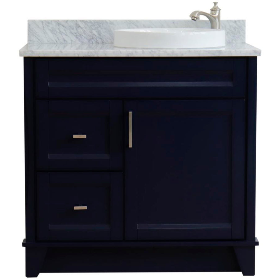 Bellaterra Terni 37" Single Vanity, Blue, White Carrara Marble Top/Left Round Sink, Right Drawers