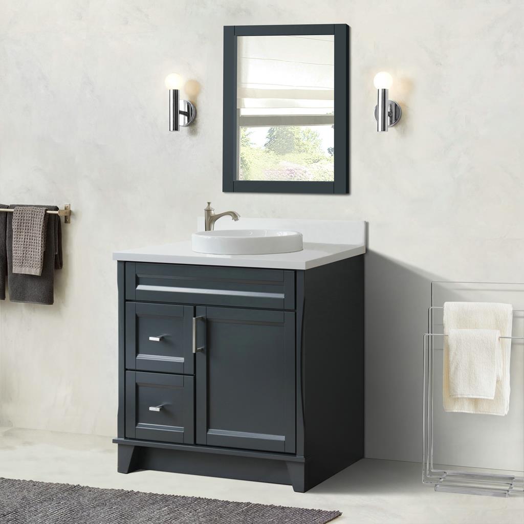 Bellaterra Terni 37" Single Vanity, Dark Gray, White Quartz Top/Center Round Sink, Right Drawers