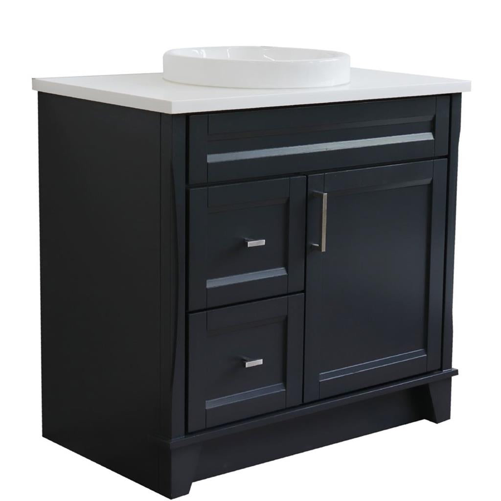 Bellaterra Terni 37" Single Vanity, Dark Gray, White Quartz Top/Center Round Sink, Right Drawers