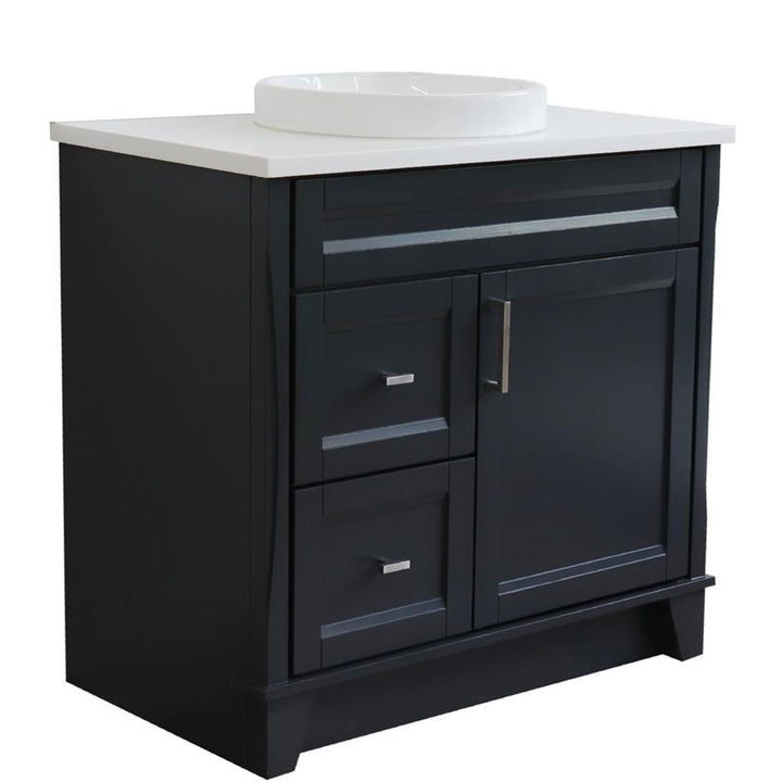 Bellaterra Terni 37" Single Vanity, Dark Gray, White Quartz Top/Center Round Sink, Right Drawers