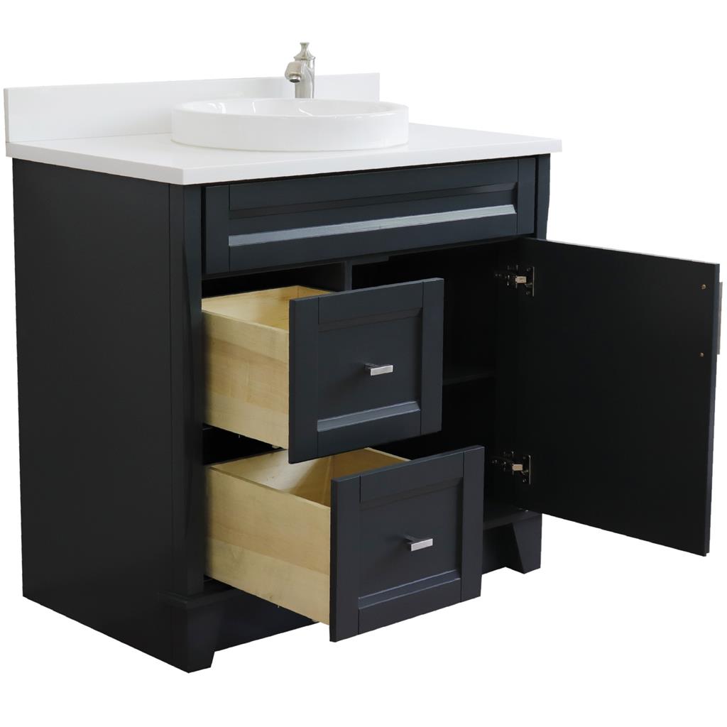 Bellaterra Terni 37" Single Vanity, Dark Gray, White Quartz Top/Center Round Sink, Right Drawers