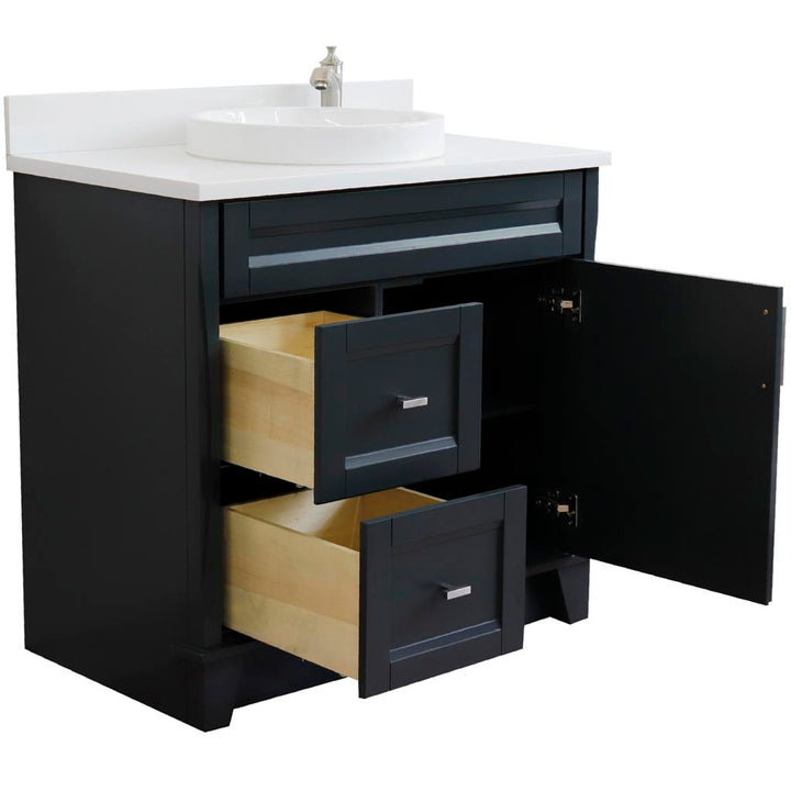 Bellaterra Terni 37" Single Vanity, Dark Gray, White Quartz Top/Center Round Sink, Right Drawers