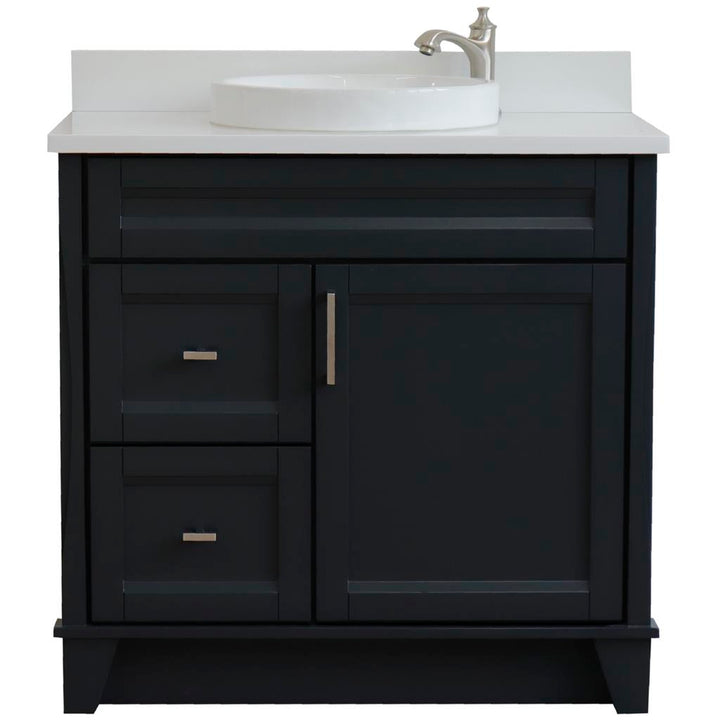 Bellaterra Terni 37" Single Vanity, Dark Gray, White Quartz Top/Center Round Sink, Right Drawers