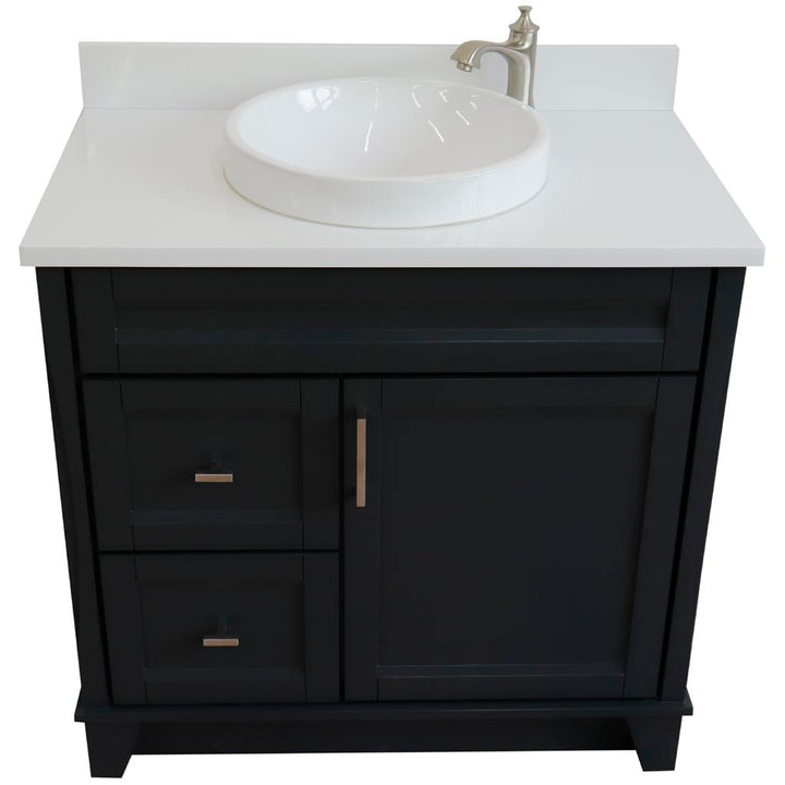 Bellaterra Terni 37" Single Vanity, Dark Gray, White Quartz Top/Center Round Sink, Right Drawers