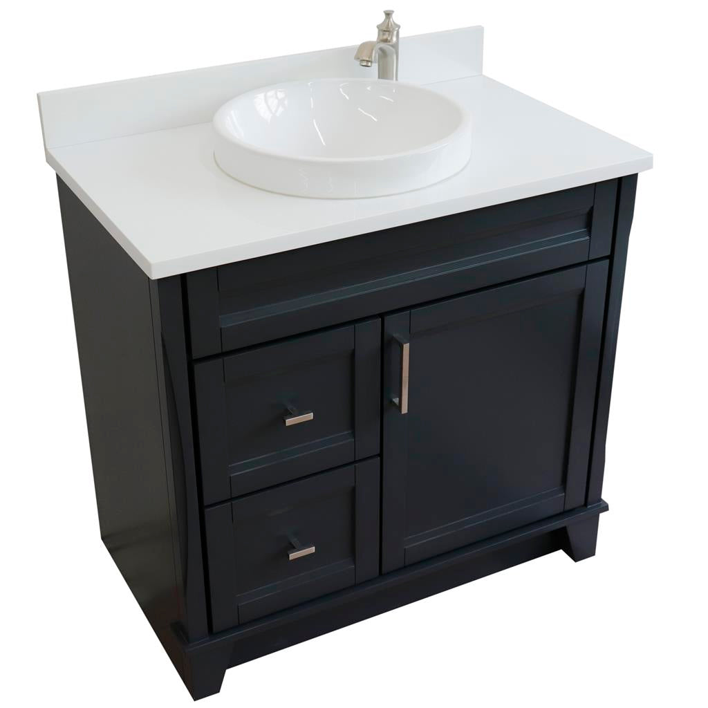 Bellaterra Terni 37" Single Vanity, Dark Gray, White Quartz Top/Center Round Sink, Right Drawers