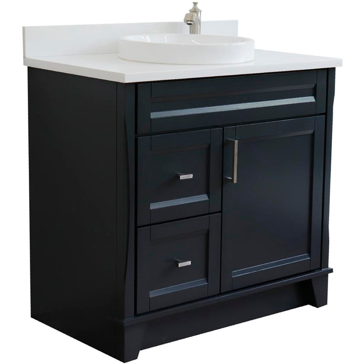 Bellaterra Terni 37" Single Vanity, Dark Gray, White Quartz Top/Center Round Sink, Right Drawers