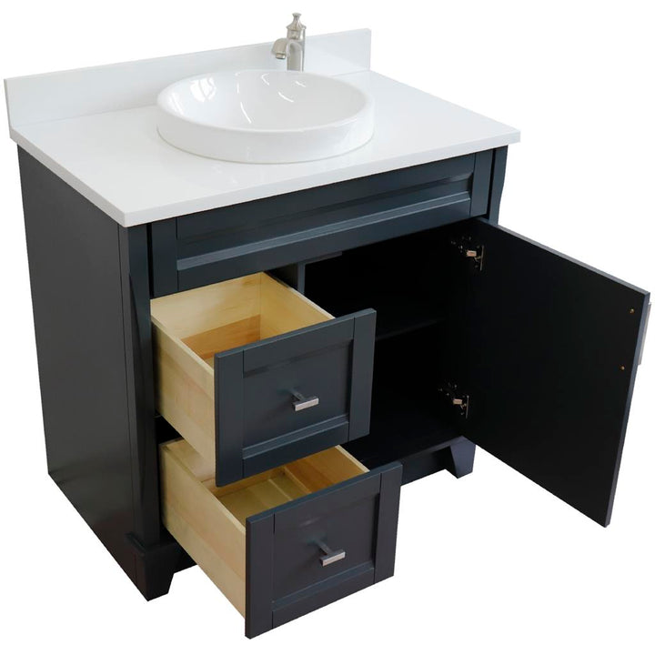 Bellaterra Terni 37" Single Vanity, Dark Gray, White Quartz Top/Center Round Sink, Right Drawers