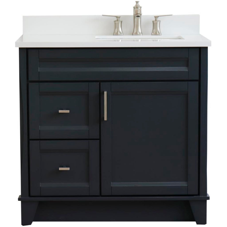 Bellaterra Terni 37" Single Vanity, Dark Gray, White Quartz Top/Left Rectangle Sink, Right Drawers