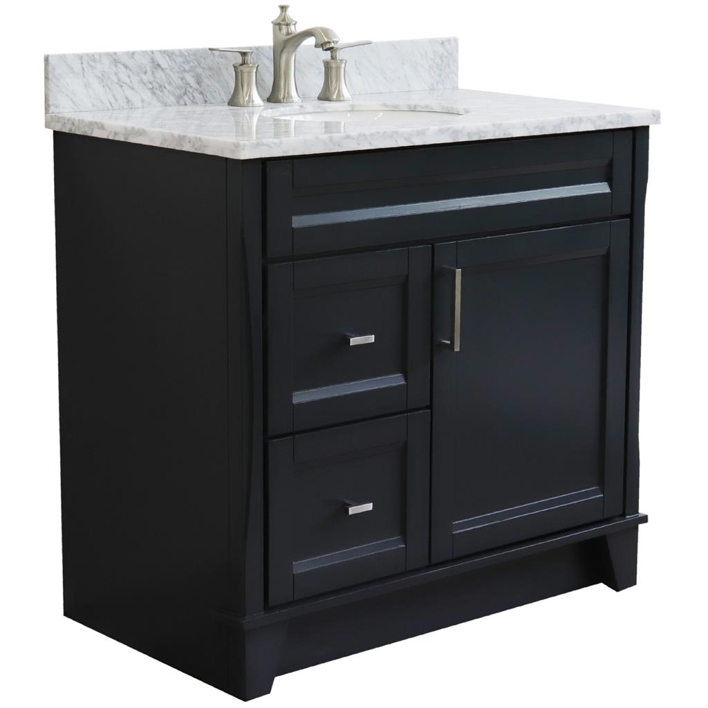 Bellaterra Terni 37" Single Vanity, Dark Gray, White Carrara Marble Top/Center Oval Sink, Right Drawers